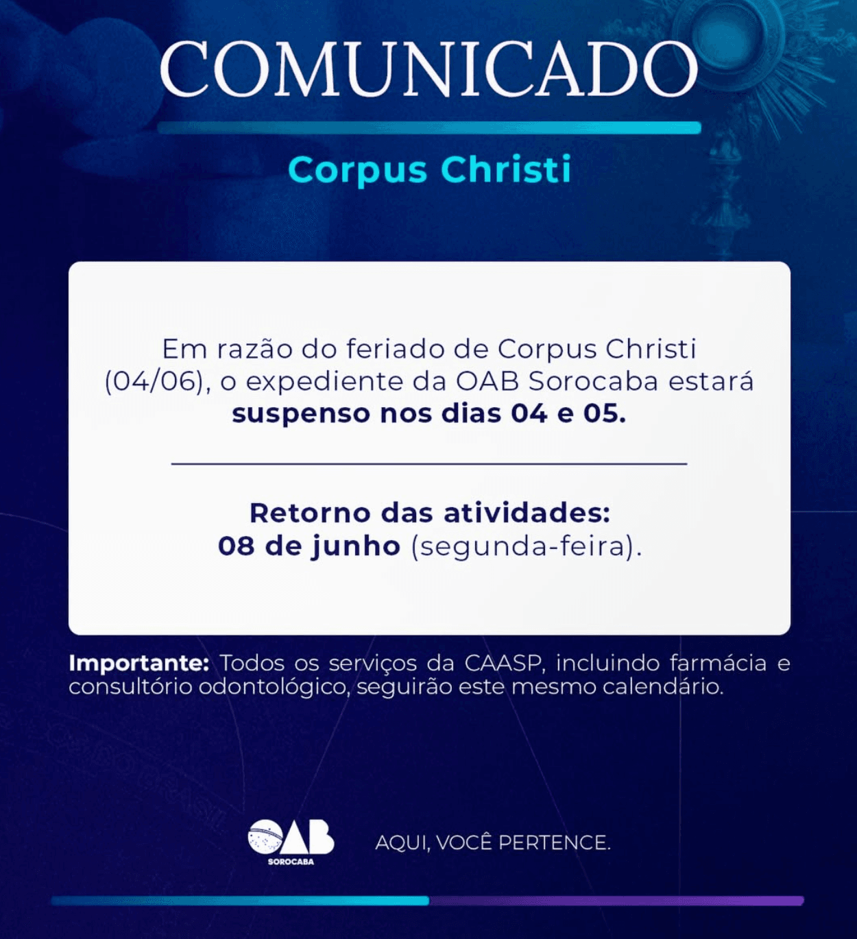 Comunicado: Feriado Corpus Christi